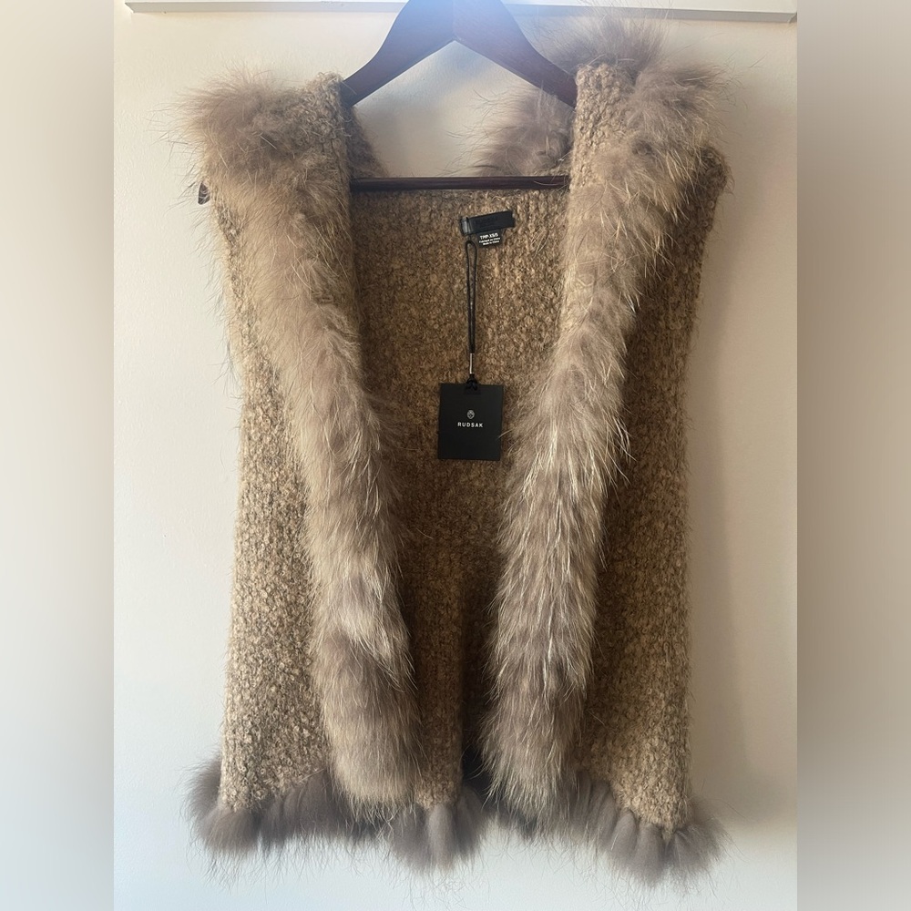 NWT RUDSAK Taupe Knit Hooded Vest with Racoon Fur Trim